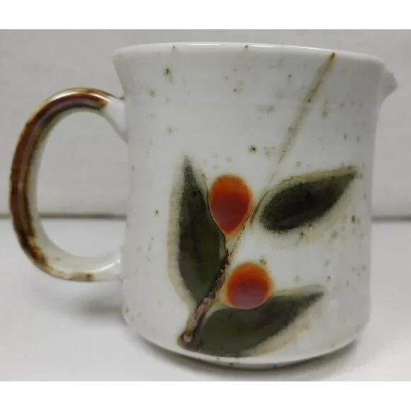 Hand Painted Leaf Round Shaped Speckled White Ceramic Coffee Mug Handle Creamer - Picture 2 of 9